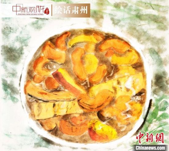 圖為酒泉美食“糊鍋”繪畫作品?！《排d彥 攝