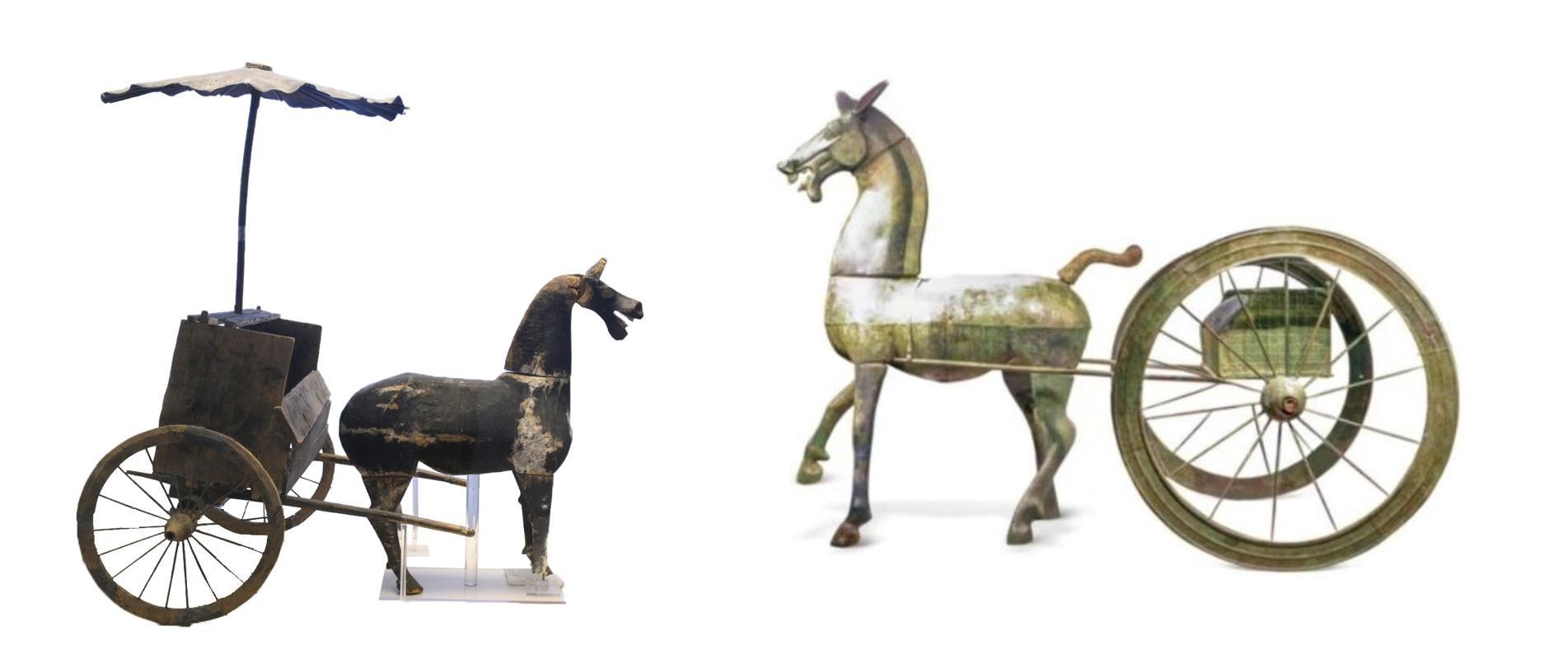 △左為漢代木軺車，藏于青海省博物館；右為東漢銅車馬，藏于黔西南州博物館。